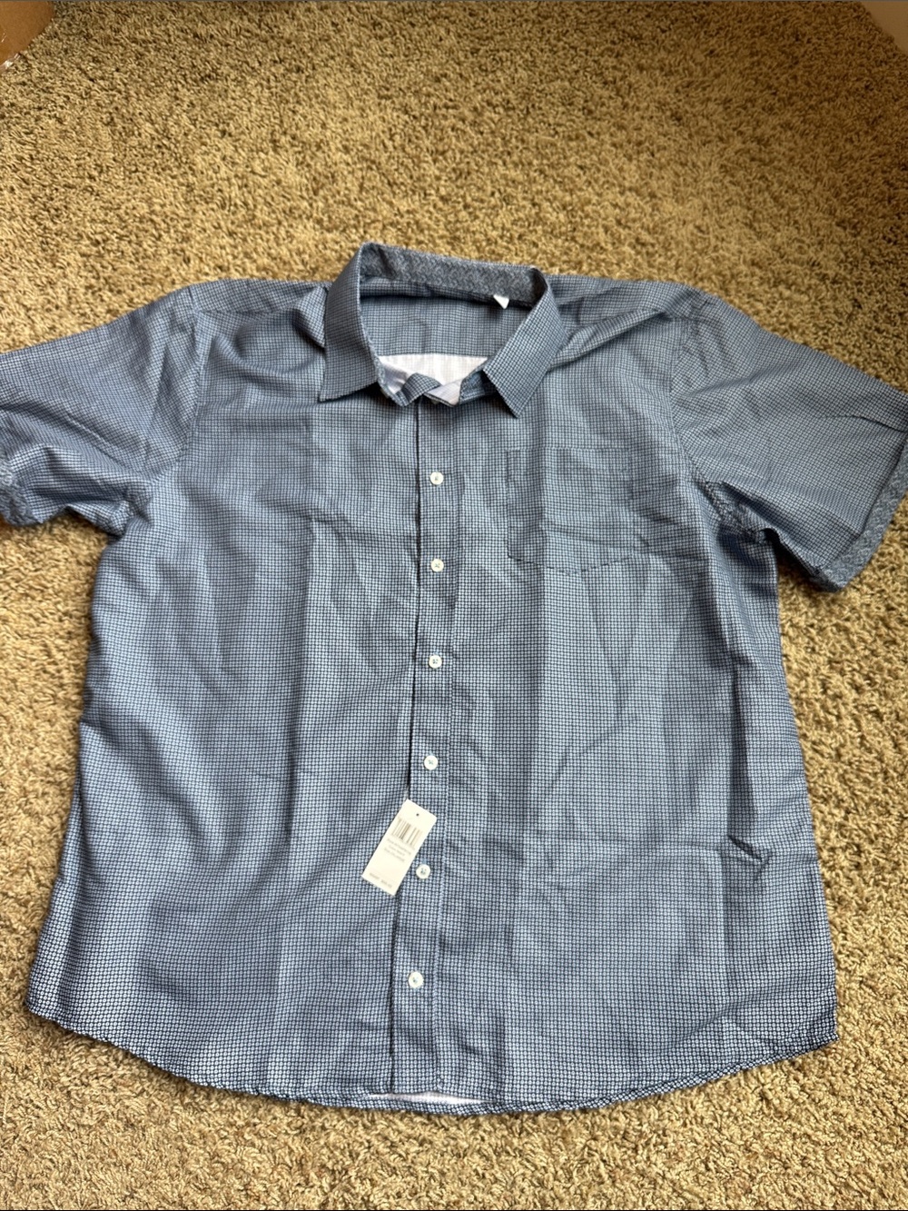 Men's Blue Short-Sleeve Micro-Check Button-Down Shirt